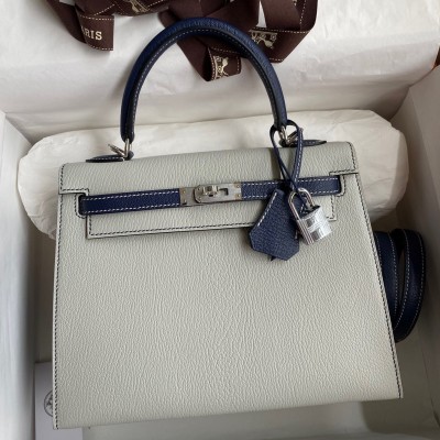 Hermes Kelly Sellier 25 Bicolor Bag in Pearl Grey and Blue Mysore Goatskin LDBS242661