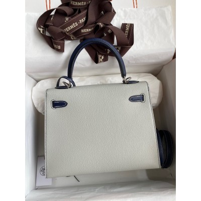 Hermes Kelly Sellier 25 Bicolor Bag in Pearl Grey and Blue Mysore Goatskin LDBS242661