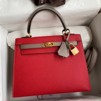 Hermes Kelly Sellier 25 Bicolor Bag in Red and Etain Epsom Calfskin LDBS242662