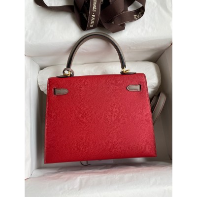 Hermes Kelly Sellier 25 Bicolor Bag in Red and Etain Epsom Calfskin LDBS242662