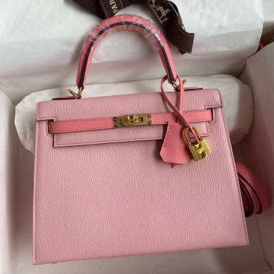 Hermes Kelly Sellier 25 Bicolor Bag in Rose Confetti and Lipstick Mysore Goatskin LDBS242663