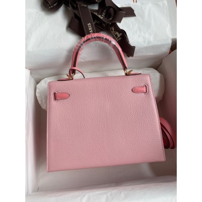 Hermes Kelly Sellier 25 Bicolor Bag in Rose Confetti and Lipstick Mysore Goatskin LDBS242663