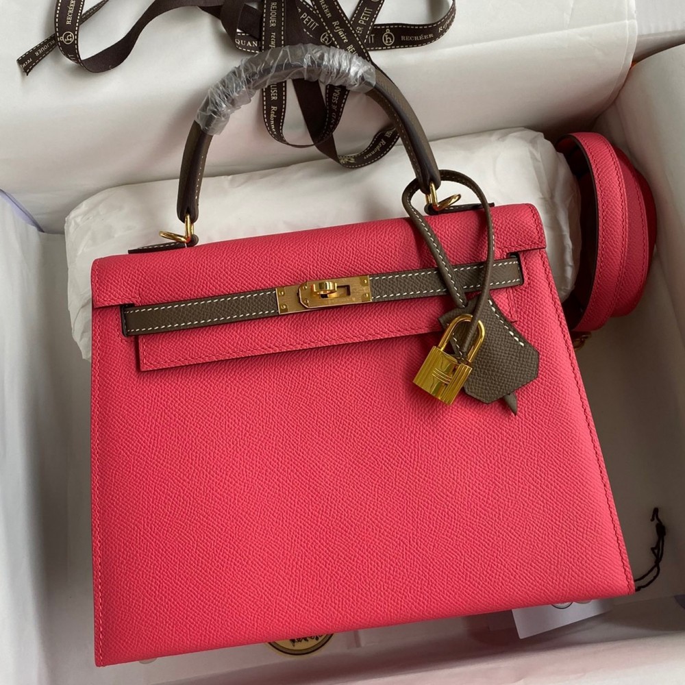 Hermes Kelly Sellier 25 Bicolor Bag in Rose Extremea nd Taupe Epsom Calfskin LDBS242664