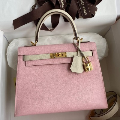 Hermes Kelly Sellier 25 Bicolor Bag in Rose Sakura and Craie Epsom Calfskin LDBS242665