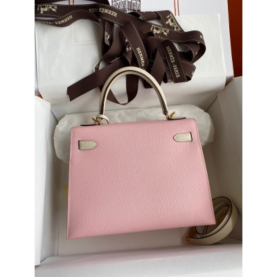 Hermes Kelly Sellier 25 Bicolor Bag in Rose Sakura and Craie Epsom Calfskin LDBS242665