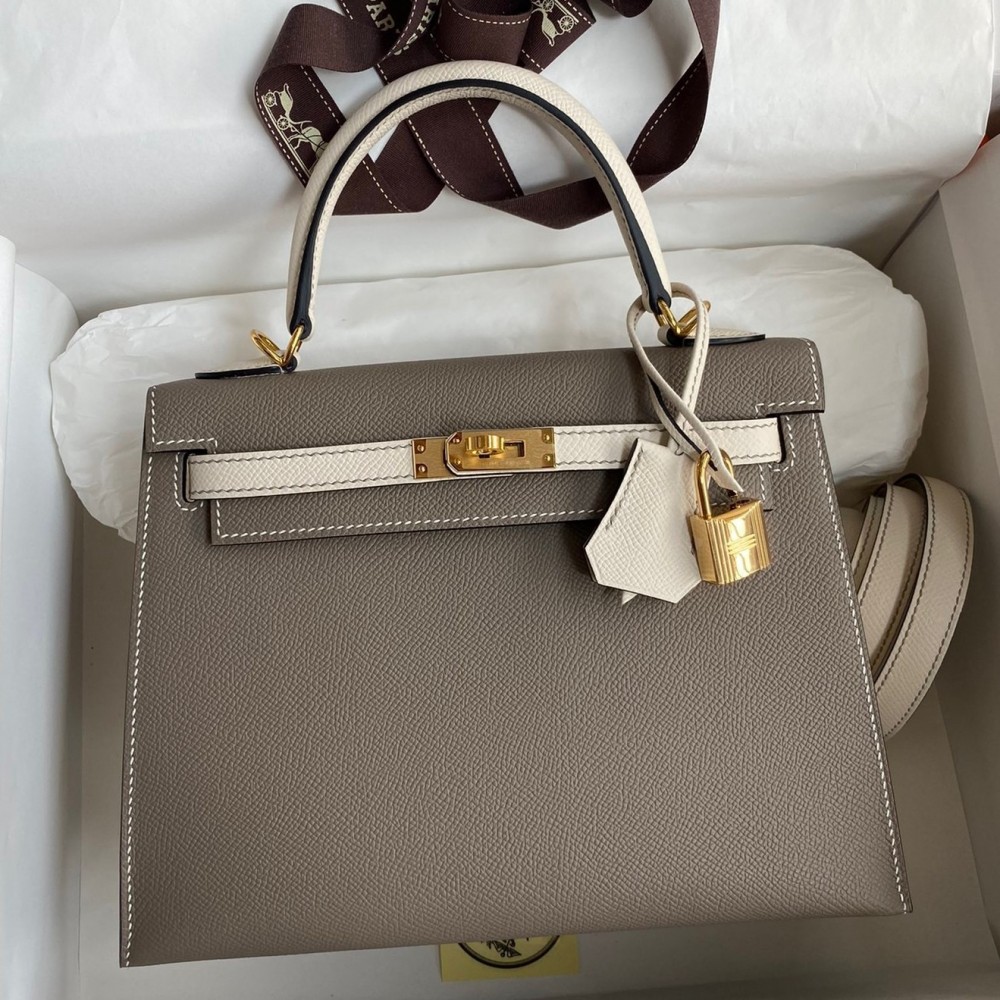 Hermes Kelly Sellier 25 Bicolor Bag in Taupe and Craie Epsom Calfskin LDBS242666