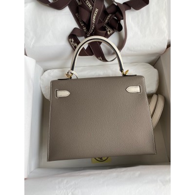 Hermes Kelly Sellier 25 Bicolor Bag in Taupe and Craie Epsom Calfskin LDBS242666