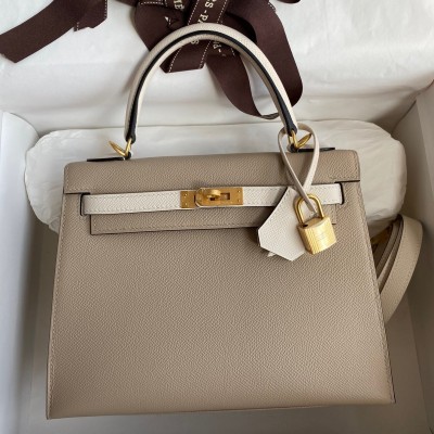 Hermes Kelly Sellier 25 Bicolor Bag in Trench and Craie Epsom Calfskin LDBS242667