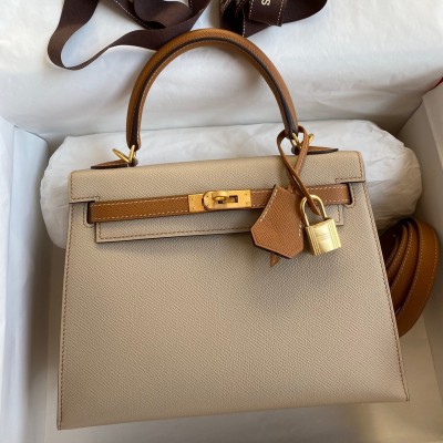 Hermes Kelly Sellier 25 Bicolor Bag in Trench and Craie Epsom Calfskin LDBS242668