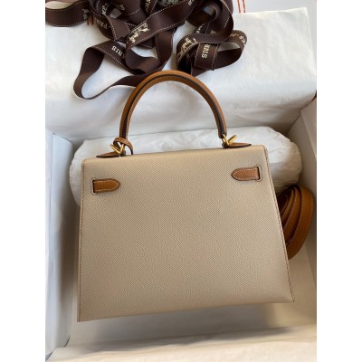 Hermes Kelly Sellier 25 Bicolor Bag in Trench and Craie Epsom Calfskin LDBS242668