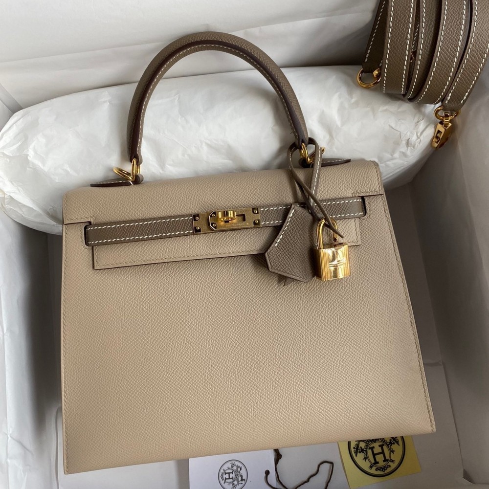 Hermes Kelly Sellier 25 Bicolor Bag in Trench and Taupe Epsom Calfskin LDBS242669