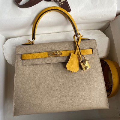 Hermes Kelly Sellier 25 Bicolor Bag in Trench and Yellow Epsom Calfskin LDBS242670