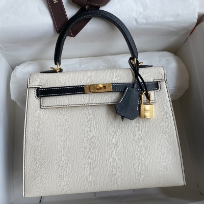 Hermes Kelly Sellier 25 Bicolor Bag in White and Black Mysore Goatskin LDBS242671