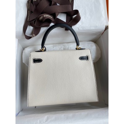 Hermes Kelly Sellier 25 Bicolor Bag in White and Black Mysore Goatskin LDBS242671