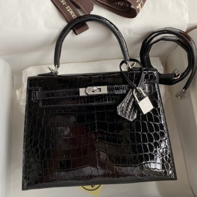 Hermes Kelly Sellier 25 Diamond Bag In Black Crocodile Niloticus Shiny Skin LDBS242672