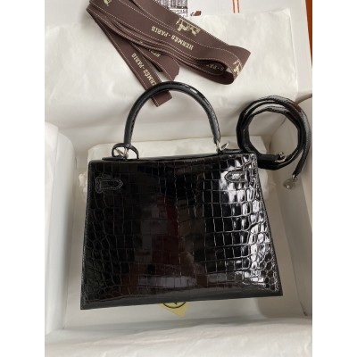 Hermes Kelly Sellier 25 Diamond Bag In Black Crocodile Niloticus Shiny Skin LDBS242672