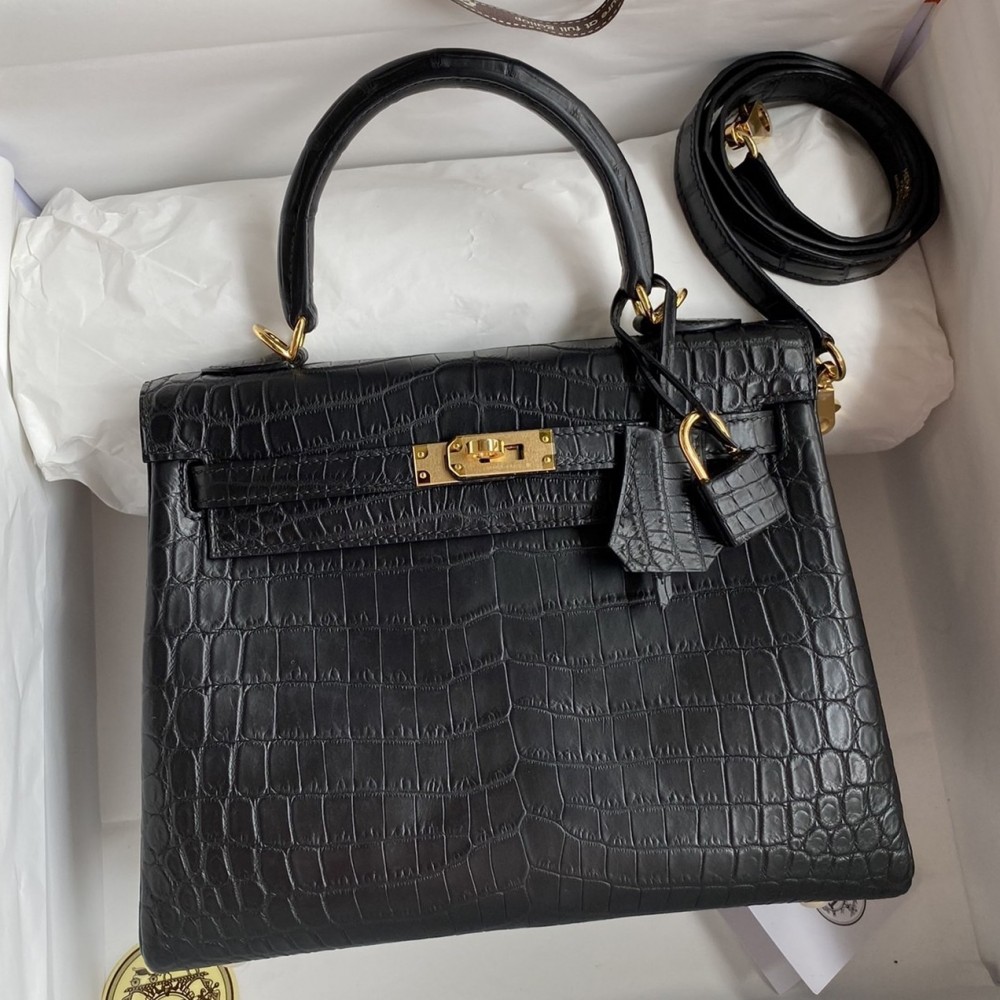 Hermes Kelly Sellier 25 Handmade Bag In Black Crocodile Niloticus Matte Skin LDBS242674