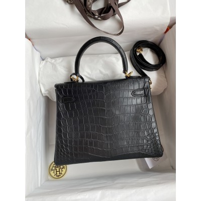 Hermes Kelly Sellier 25 Handmade Bag In Black Crocodile Niloticus Matte Skin LDBS242674