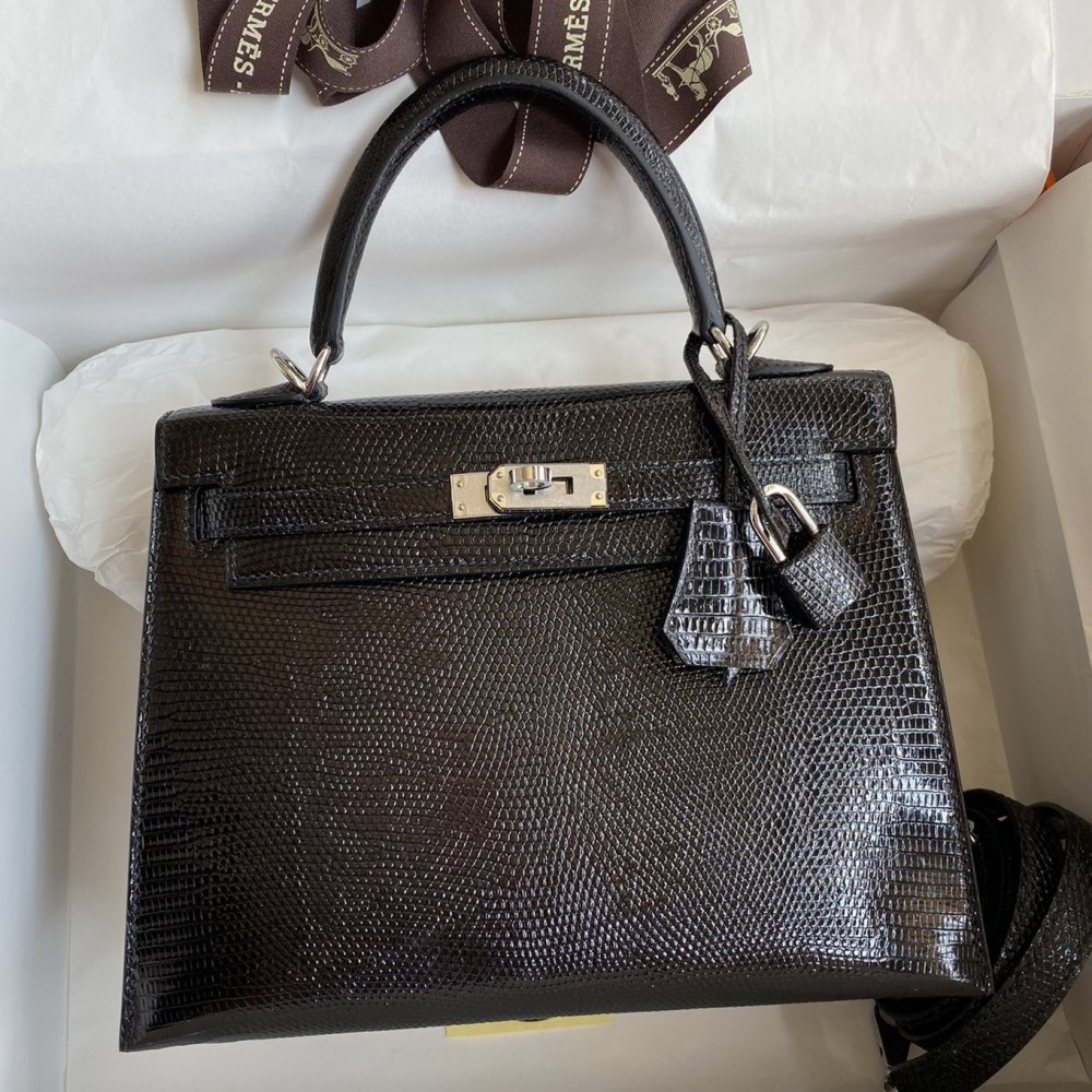 Hermes Kelly Sellier 25 Handmade Bag In Black Lizard Leather LDBS242675