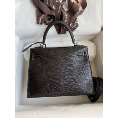 Hermes Kelly Sellier 25 Handmade Bag In Black Lizard Leather LDBS242675