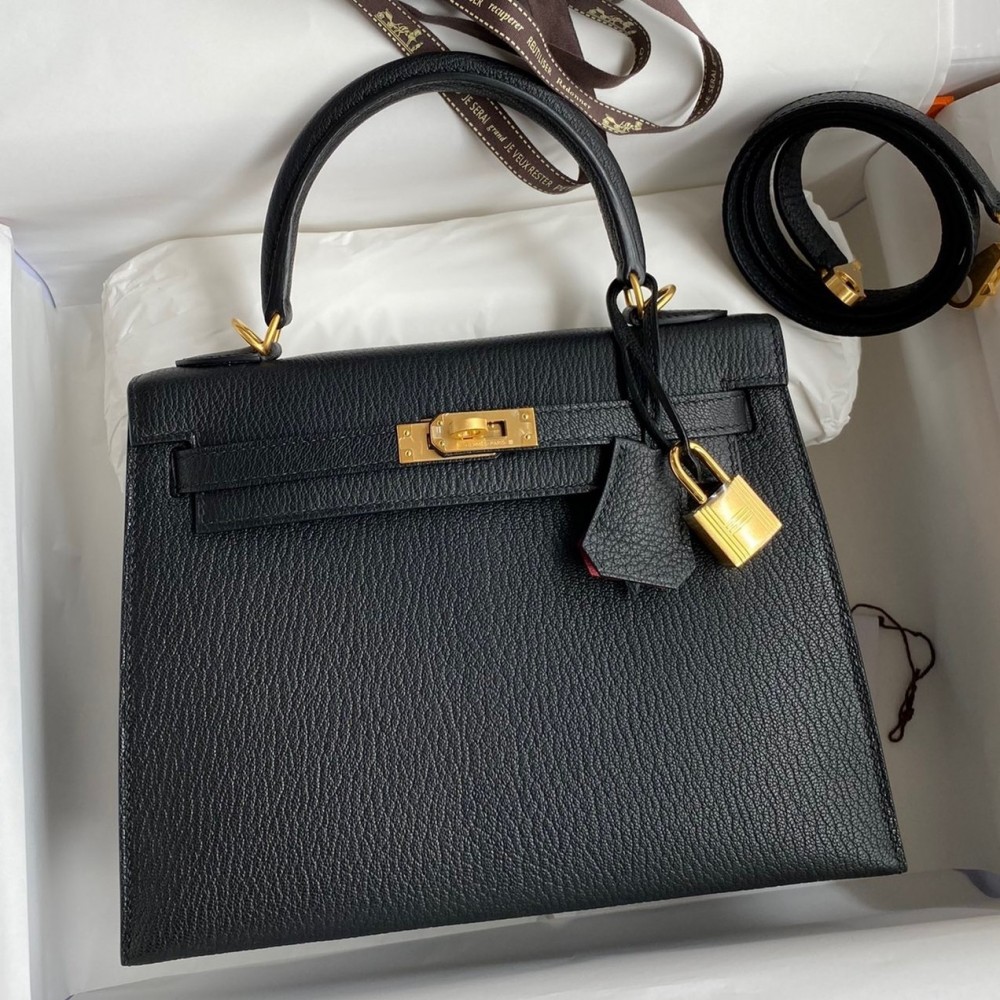 Hermes Kelly Sellier 25 Handmade Bag In Black Mysore Goatskin LDBS242676