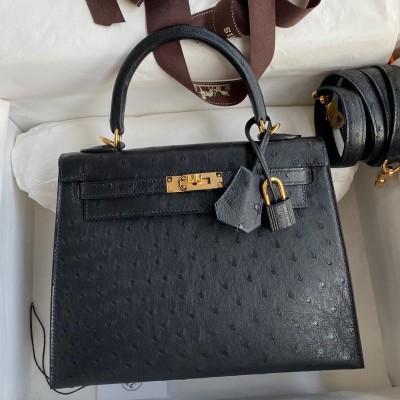 Hermes Kelly Sellier 25 Handmade Bag In Black Ostrich Leather LDBS242677