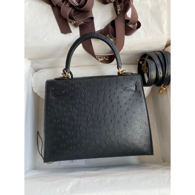 Hermes Kelly Sellier 25 Handmade Bag In Black Ostrich Leather LDBS242677