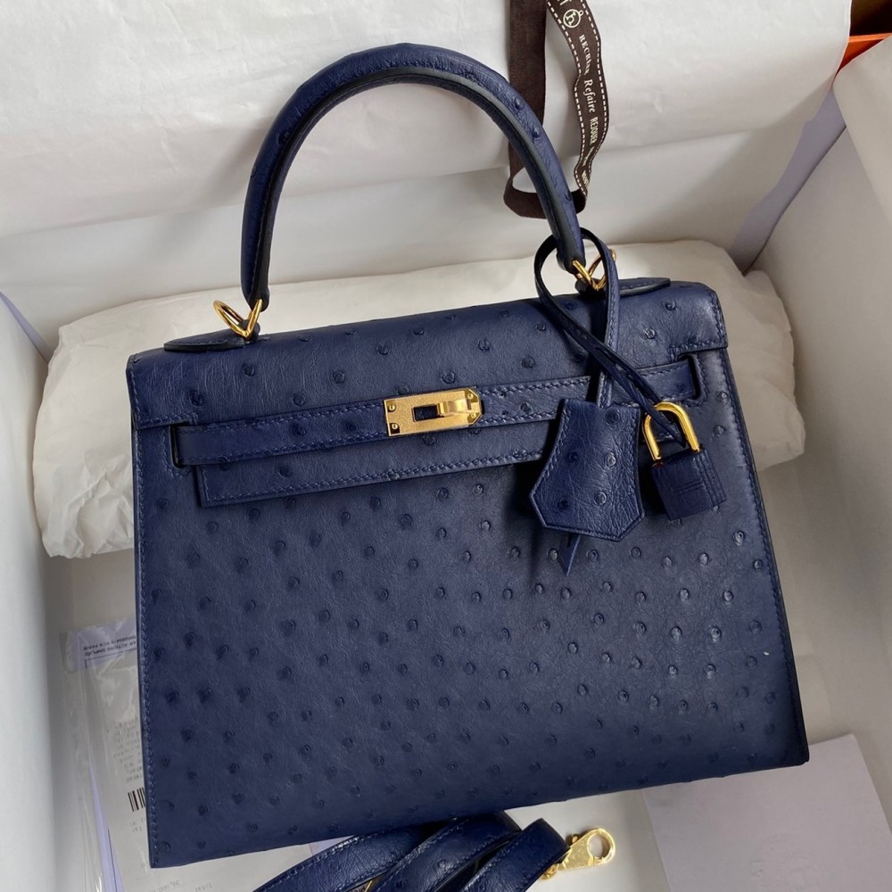 Hermes Kelly Sellier 25 Handmade Bag In Blue Iris Ostrich Leather LDBS242682