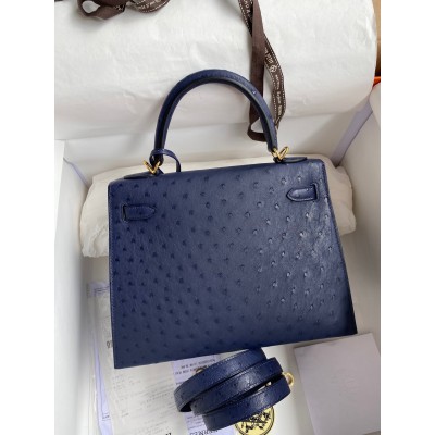 Hermes Kelly Sellier 25 Handmade Bag In Blue Iris Ostrich Leather LDBS242682