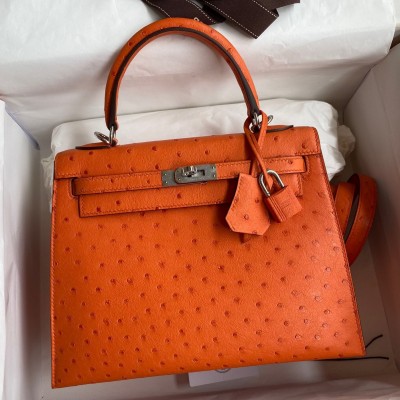 Hermes Kelly Sellier 25 Handmade Bag In Orange Ostrich Leather LDBS242688