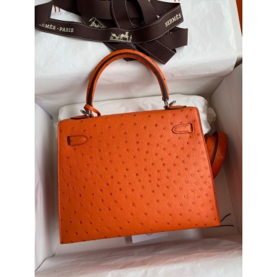 Hermes Kelly Sellier 25 Handmade Bag In Orange Ostrich Leather LDBS242688