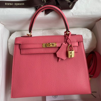 Hermes Kelly Sellier 25 Handmade Bag In Rose Lipstick Mysore Goatskin LDBS242690