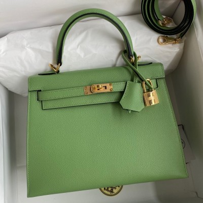 Hermes Kelly Sellier 25 Handmade Bag In Vert Criquet Epsom Calfskin LDBS242697