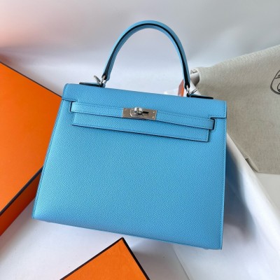 Hermes Kelly Sellier 25 Handmade Bag in Blue Azteque Epsom Calfskin LDBS242678