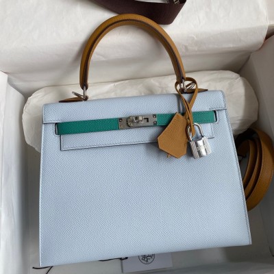 Hermes Kelly Sellier 25 Tricolor Bag in Blue/Green/SesameEpsom Calfskin LDBS242701