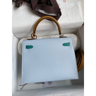 Hermes Kelly Sellier 25 Tricolor Bag in Blue/Green/SesameEpsom Calfskin LDBS242701