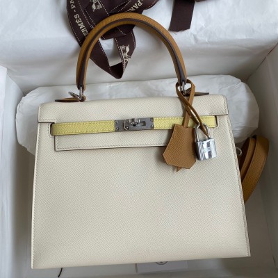 Hermes Kelly Sellier 25 Tricolor Bag in Craie/Sesame/Yellow Epsom Calfskin LDBS242702