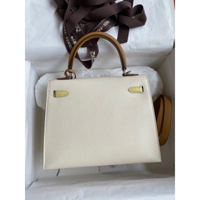 Hermes Kelly Sellier 25 Tricolor Bag in Craie/Sesame/Yellow Epsom Calfskin LDBS242702