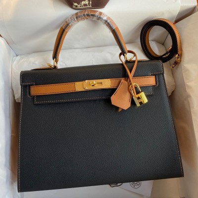 Hermes Kelly Sellier 28 Bicolor Bag in Black and Gold Epsom Calfskin LDBS242703