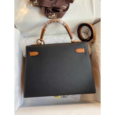 Hermes Kelly Sellier 28 Bicolor Bag in Black and Gold Epsom Calfskin LDBS242703