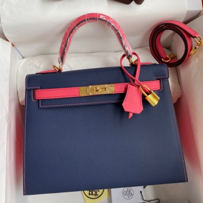 Hermes Kelly Sellier 28 Bicolor Bag in Blue Saphir and Rose Lipstick Epsom Calfskin LDBS242704