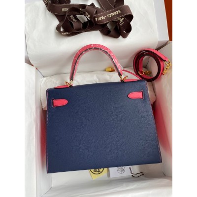 Hermes Kelly Sellier 28 Bicolor Bag in Blue Saphir and Rose Lipstick Epsom Calfskin LDBS242704