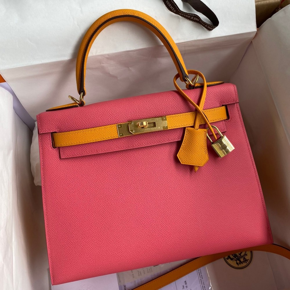 Hermes Kelly Sellier 28 Bicolor Bag in Rose Lipstick and Yellow Epsom Calfskin LDBS242705