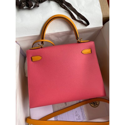 Hermes Kelly Sellier 28 Bicolor Bag in Rose Lipstick and Yellow Epsom Calfskin LDBS242705