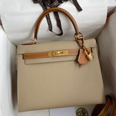 Hermes Kelly Sellier 28 Bicolor Bag in Trench and Gold Epsom Calfskin LDBS242706