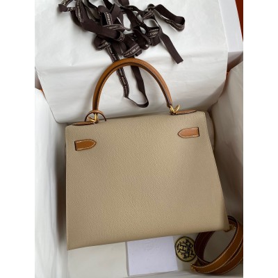 Hermes Kelly Sellier 28 Bicolor Bag in Trench and Gold Epsom Calfskin LDBS242706