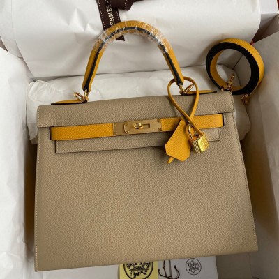 Hermes Kelly Sellier 28 Bicolor Bag in Trench and Yellow Epsom Calfskin LDBS242707