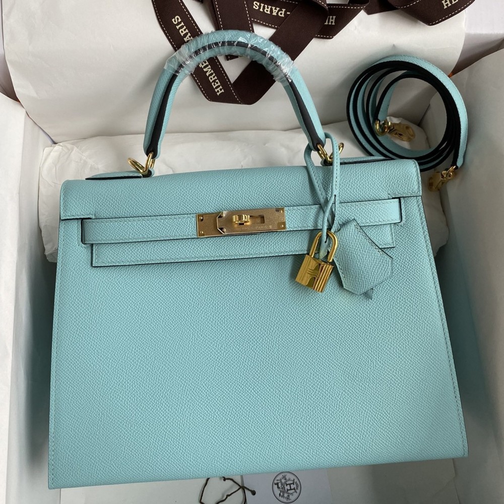 Hermes Kelly Sellier 28 Handmade Bag In Blue Atoll Epsom Calfskin LDBS242711