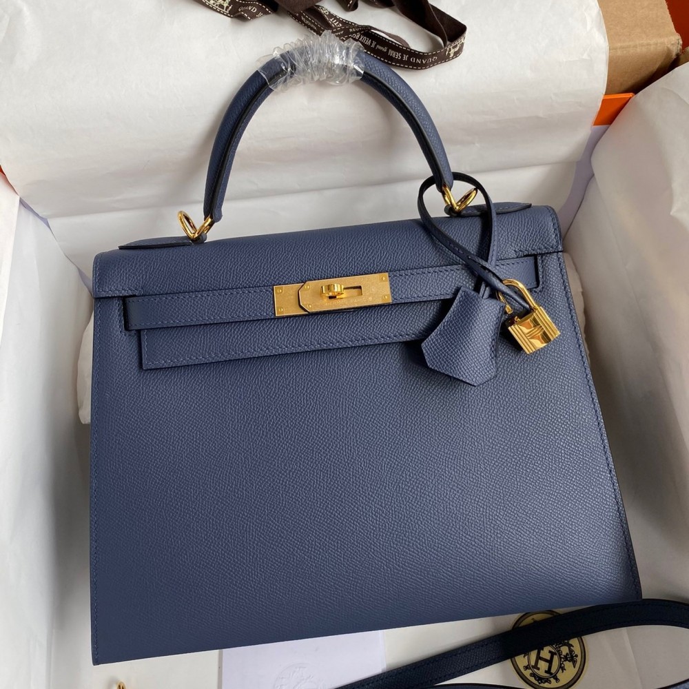 Hermes Kelly Sellier 28 Handmade Bag In Blue Saphir Epsom Calfskin LDBS242713