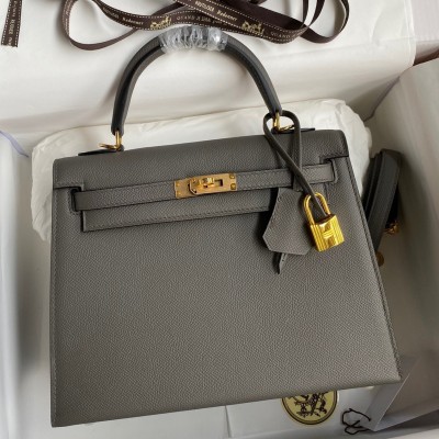 Hermes Kelly Sellier 28 Handmade Bag In Etain Epsom Calfskin LDBS242715